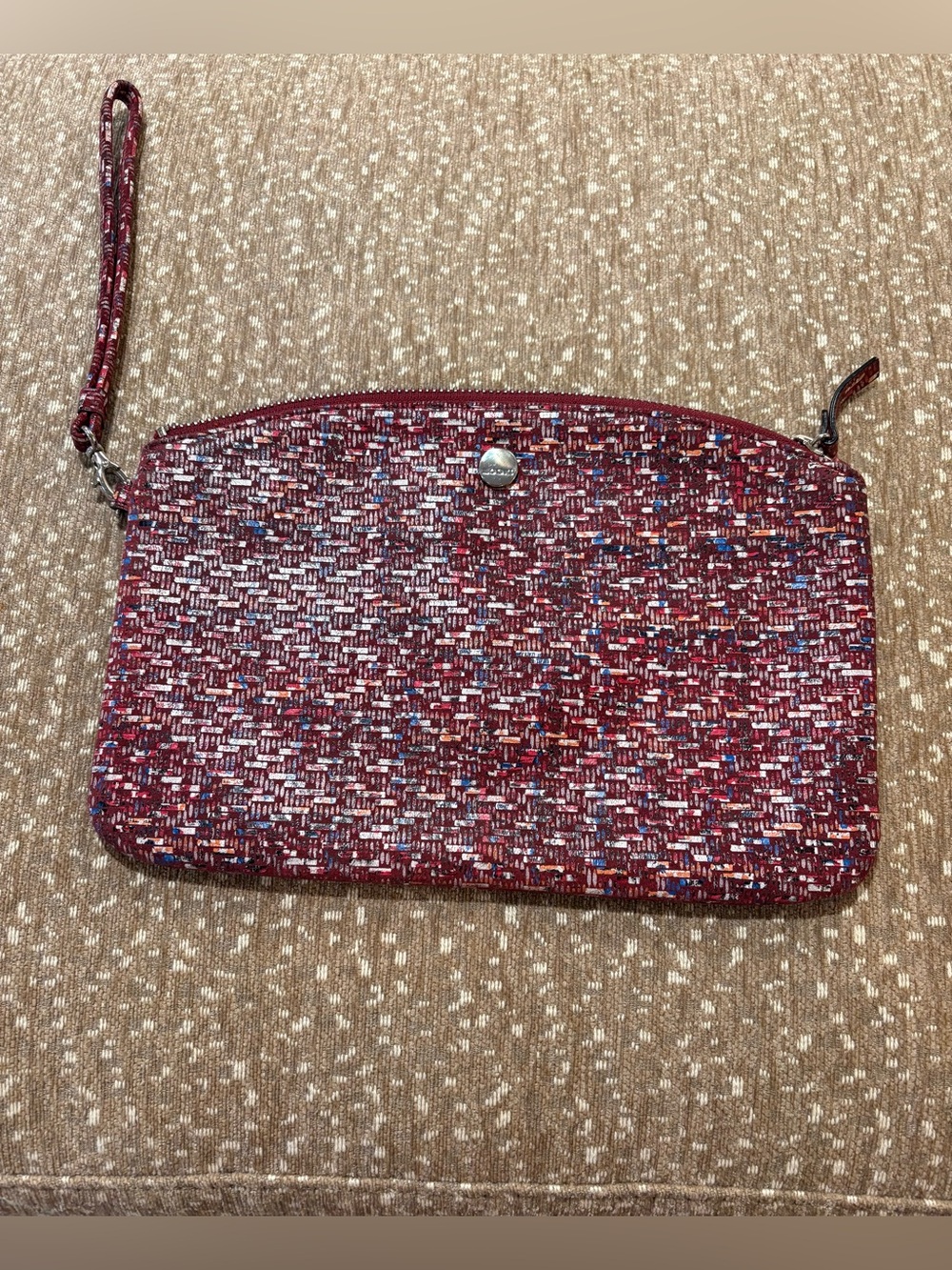 Lodis Red Shreds leather Wristlet Clutch with Multicolor Accents